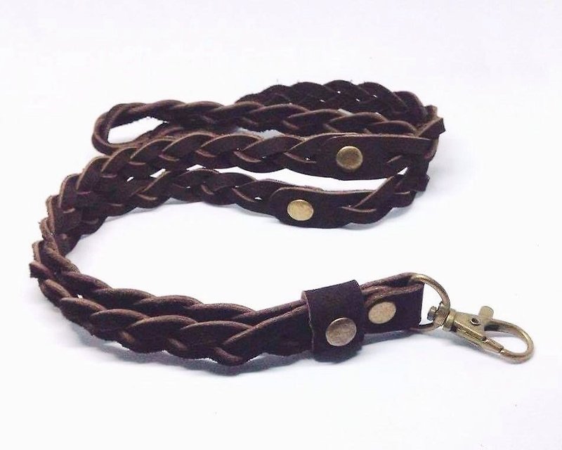 Braided leather neck strap, strap leather braided dark brown. - 鑰匙圈/鎖匙扣 - 真皮 