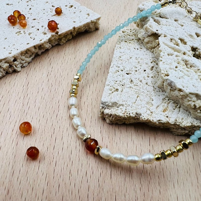 Natural Faceted Amazonite with rounded Red Agate and Freshwater Pearl - Bracelets - Crystal Blue