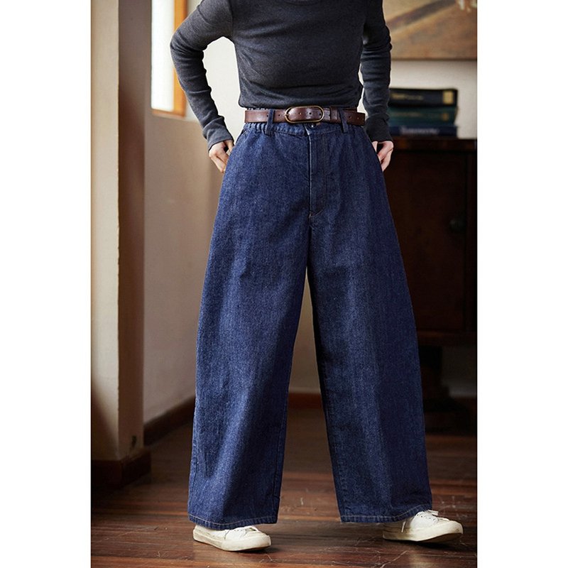 Navy blue classic vintage wear-resistant wide-leg jeans - Women's Pants - Cotton & Hemp 