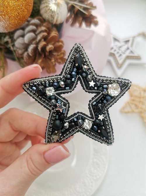 BroochesIsland Star brooch, embroidered star brooch, black star brooch, beaded star