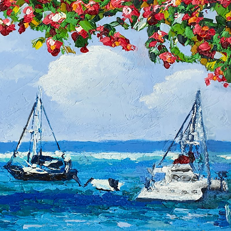 Boats Painting Sailboats Original Art Thailand Seascape Nautical Wall Art Travel - Posters - Other Materials Blue