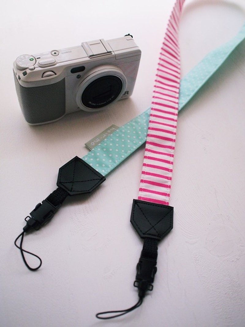 hairmo. Striped dots double-hanging camera strap- Peach strip + water green dots (double small holes) - Cameras - Cotton & Hemp Pink