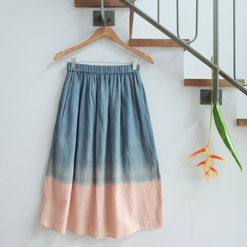 indigo x pink cotton skirt / with lining and pockets - กระโปรง - ผ้าฝ้าย/ผ้าลินิน สึชมพู