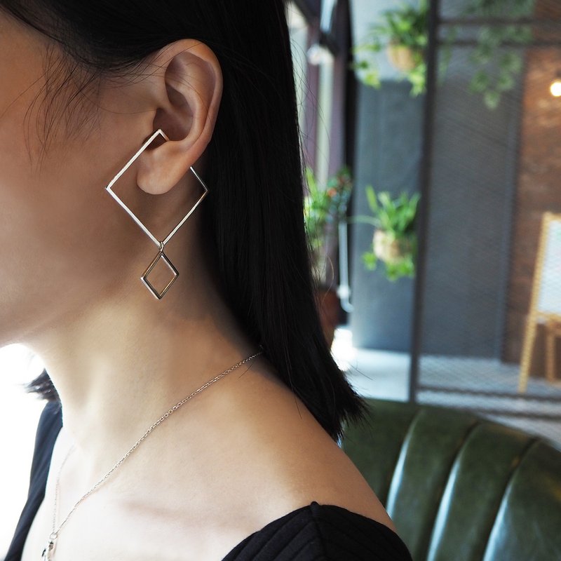 square c earring_方框c耳骨環 沒耳洞 耳環 耳夾 訂製 耳骨夾 - 耳環/耳夾/耳骨夾 - 銀 銀色