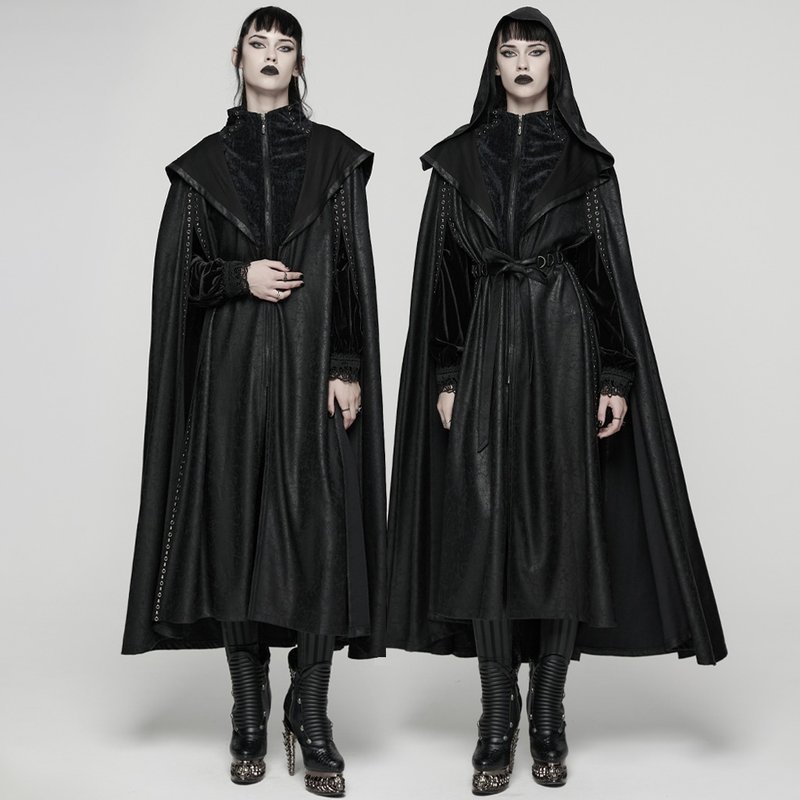 愛流西斯巫師裂紋皮連帽斗篷 / 附腰帶 - 女大衣/外套 - 其他材質 黑色
