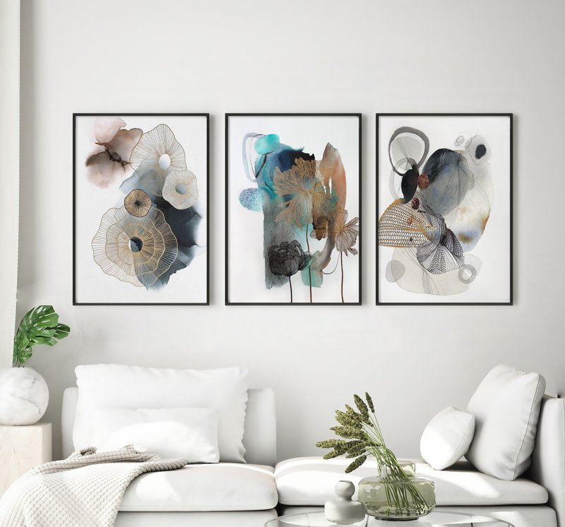 Alcohol Ink Paintings Original |Dance Forms Thincord Golden Molecule Set - 壁貼/牆壁裝飾 - 棉．麻 藍色