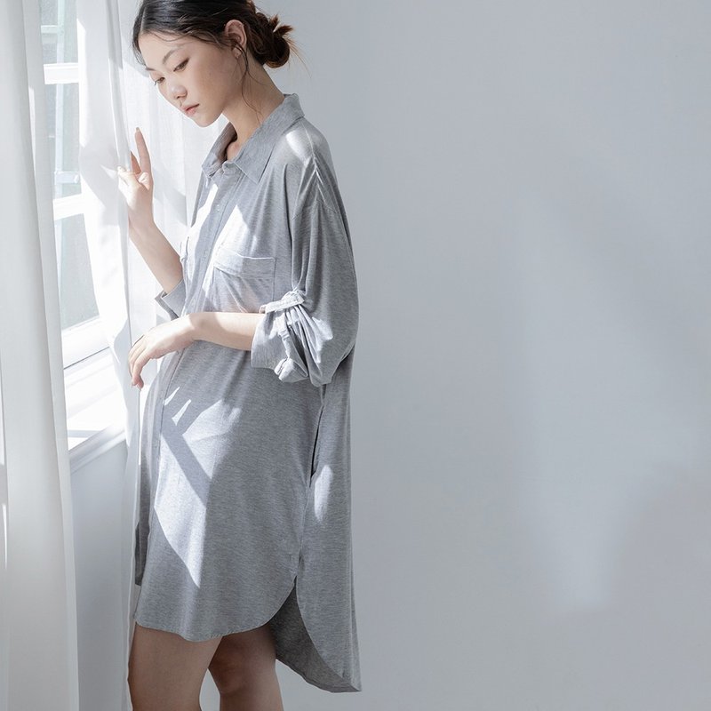 莫代爾襯衫式長罩衫-灰色 - 睡衣/居家服 - 其他人造纖維 