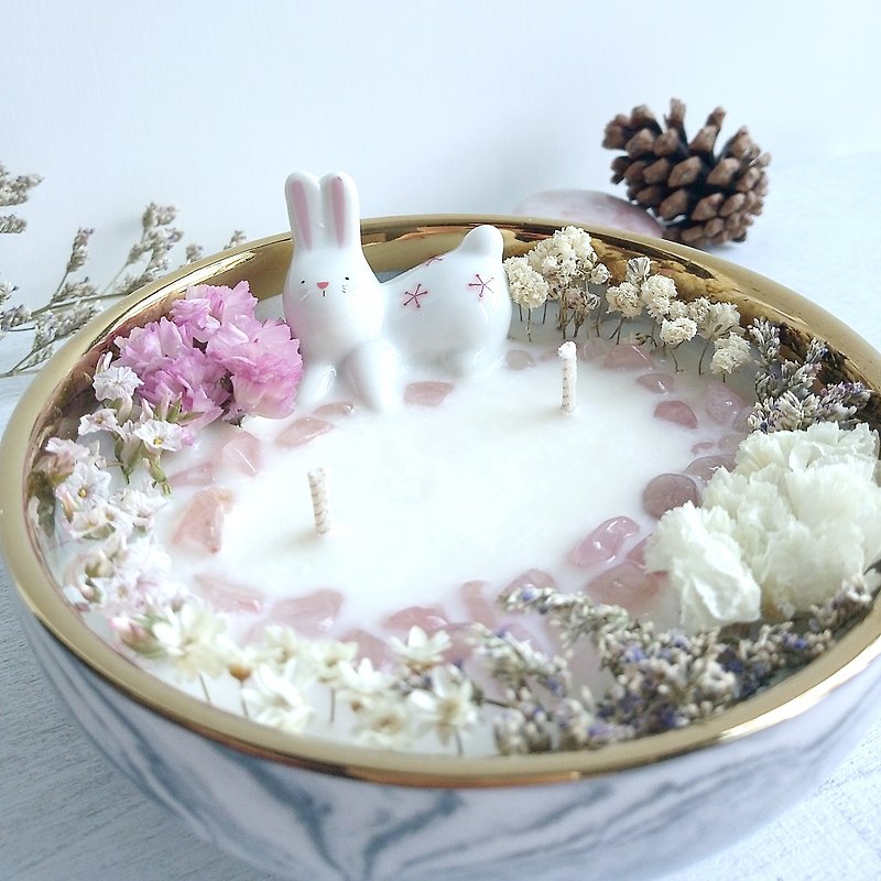 獨家 - 小白兔 粉水晶大理石碗 250g大容量 大豆蠟香氛蠟燭 晶石 - 香氛蠟燭/燭台 - 蠟 粉紅色