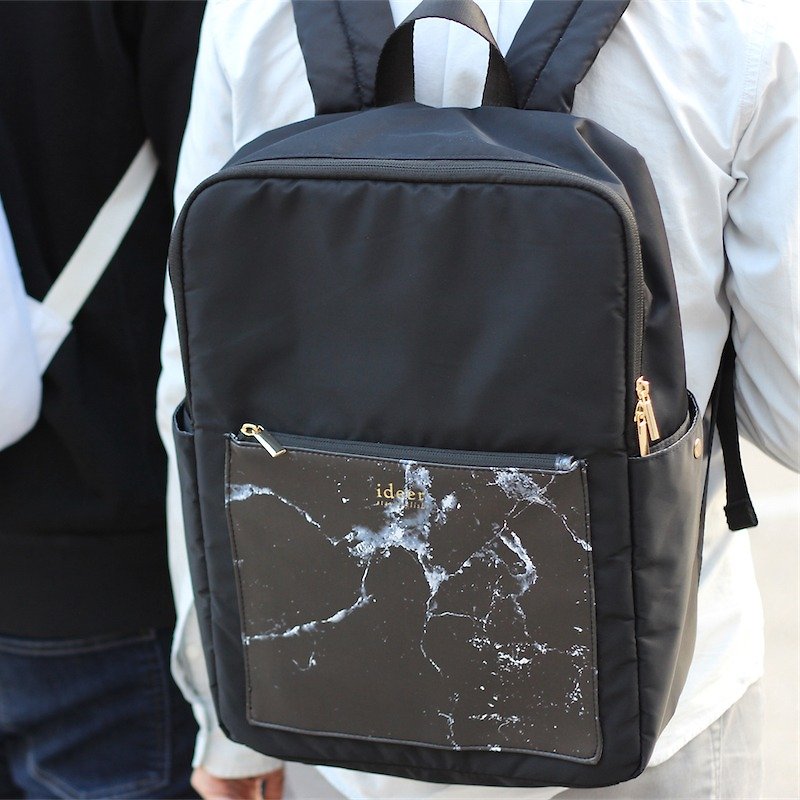 [Transfer] Water-repellent marble black marble leather computer backpack ideersale - กระเป๋าเป้สะพายหลัง - วัสดุอื่นๆ สีดำ