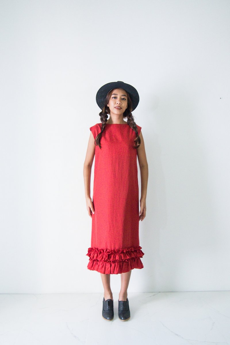 Mani Mina Boat Neck Frill Hem Dress Red - One Piece Dresses - Cotton & Hemp 