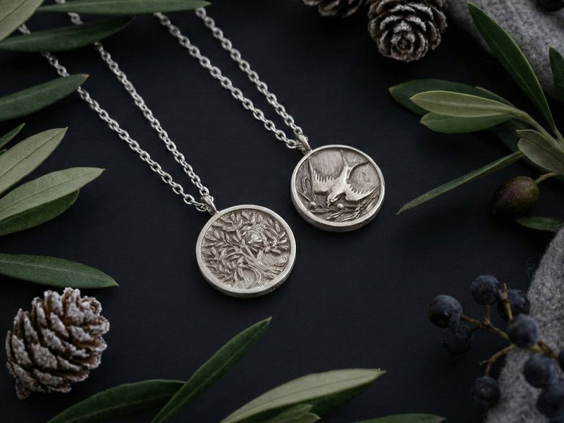 オリーブとツバメと誕生石のリバーシブルコインネックレス - 項鍊 - 純銀 