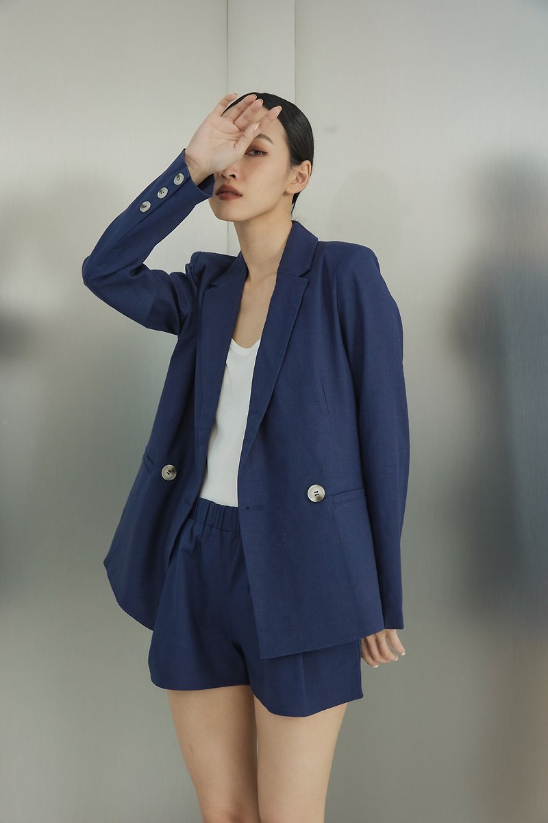 【品牌原創】Alixis 彈性棉麻 西裝外套 俐落墨水藍 - 女西裝外套 - 棉．麻 藍色
