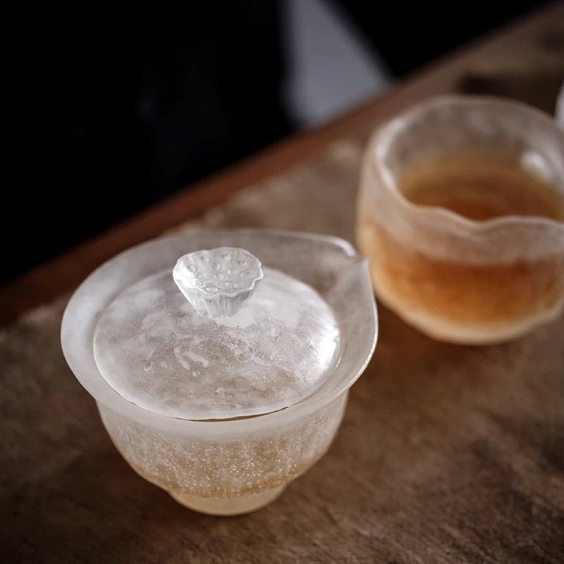 Hearing|Ancient glass covered bowl with ice cubes to see through, lotus-shaped tea bowl, hand-made glass, frozen and burned - Teapots & Teacups - Colored Glass 