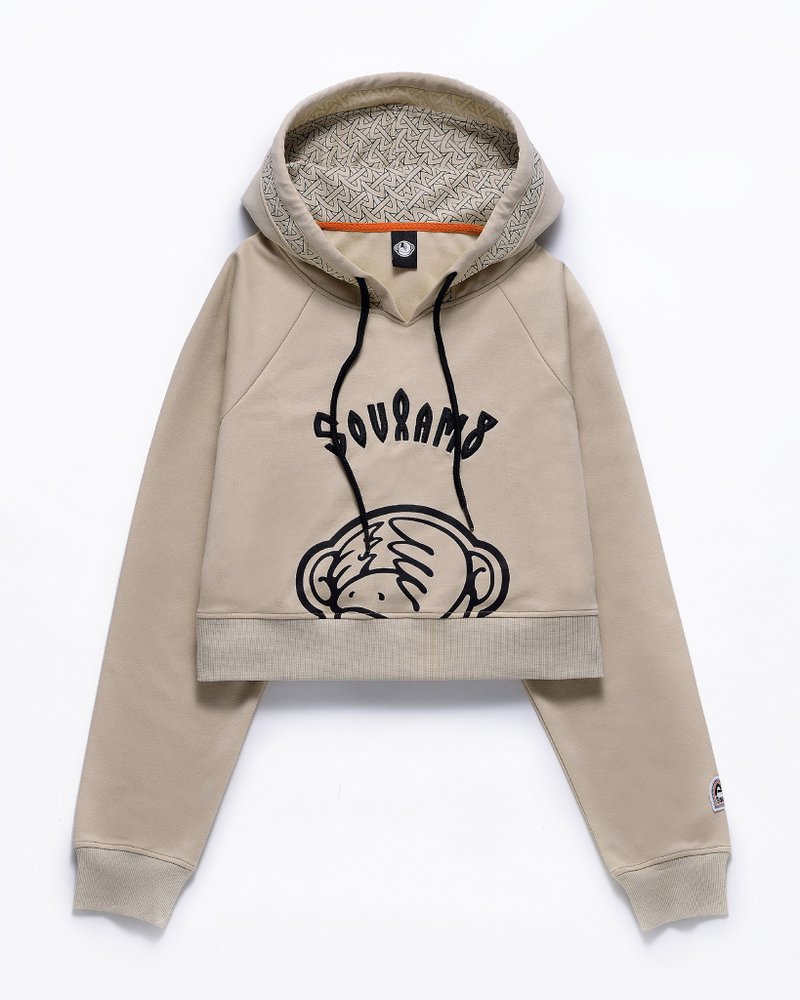 AM短版棉質長袖帽TEE - 女上衣/長袖上衣 - 聚酯纖維 卡其色