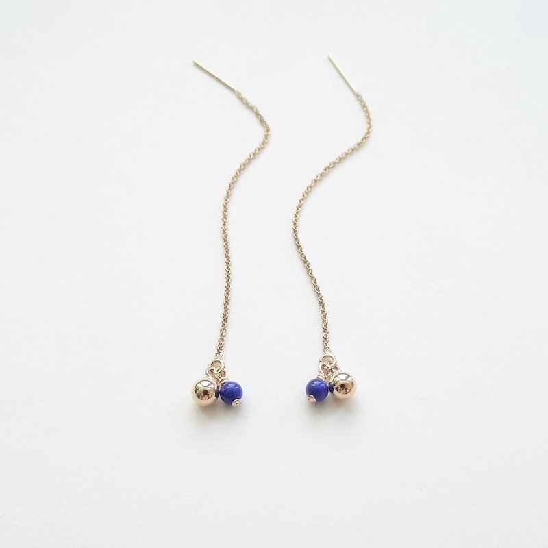Mini Lapis Lazuli Beads & Gold Filled Balls 14K GF Threader Earrings - ต่างหู - เครื่องประดับพลอย สีน้ำเงิน