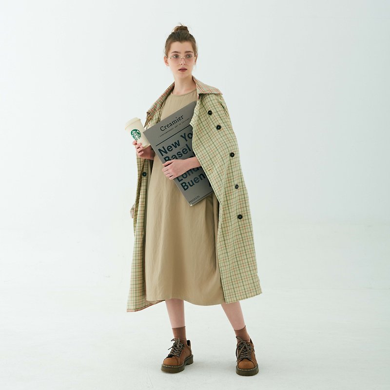 AUTUMN CLOTHING PLAID STITCHING SOFT LONG COAT  CARAMEL COLOUR  WINDBREAKER - Women's Casual & Functional Jackets - Cotton & Hemp Multicolor