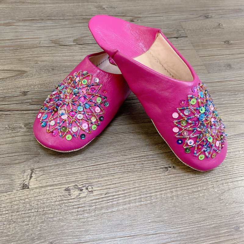 摩洛哥 babouche 室內拖鞋 珠串刺繡 仙人掌糖果 - 室內拖鞋 - 真皮 粉紅色