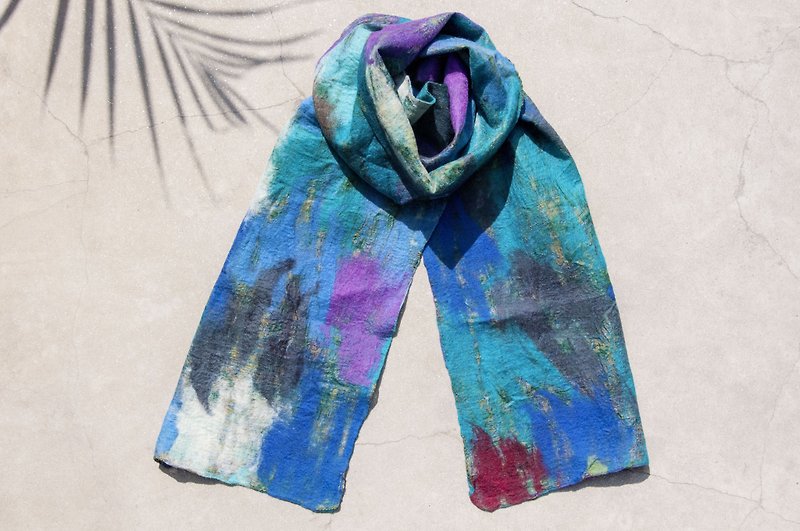 羊毛氈絲巾/濕氈絲巾/水彩藝術感圍巾/羊毛漸層感絲巾-藍紫色星辰 - 圍巾/披肩 - 羊毛 多色
