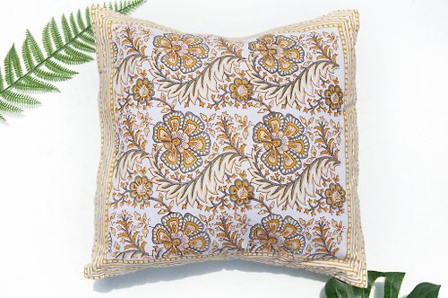 omhandmade 印度手工木刻印抱枕套 純棉抱枕套 手工印花抱枕套-英式花朵葉子
