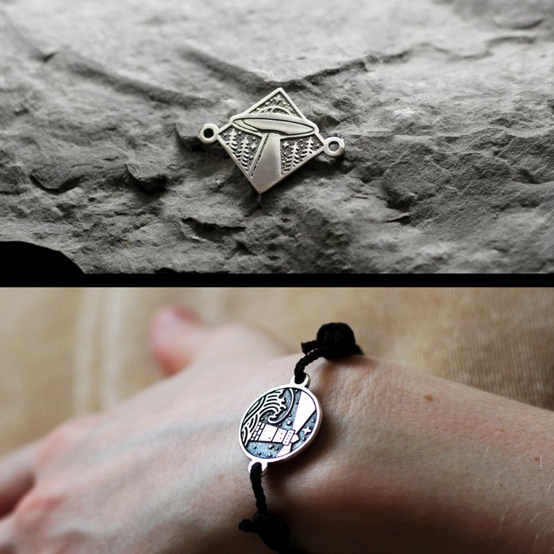 Ufo symbol bracelet flying saucer bracelet Unidentified flying object symbol - 手鍊/手環 - 純銀 銀色