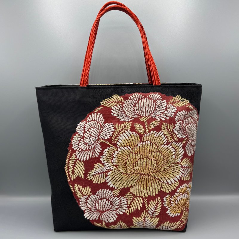 着物 帯 リメイク ハンドメイド トートバッグ 黒 帯締め - 手提包/手提袋 - 絲．絹 黑色