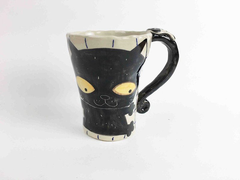 Nice Little Clay hand bell cup _ black cat 0101-18 - Mugs - Pottery White