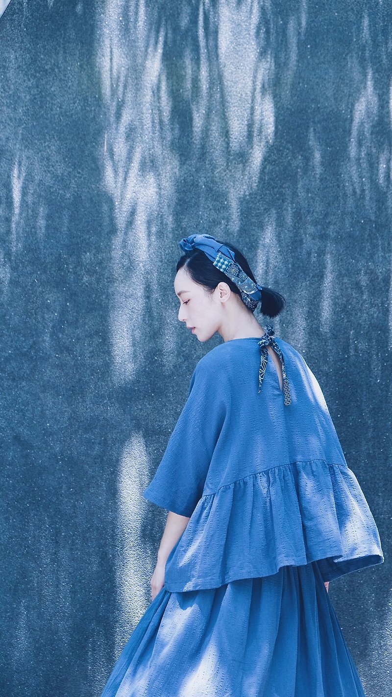 Muscle bamboo handle, blue patchwork top - เสื้อผู้หญิง - ผ้าฝ้าย/ผ้าลินิน สีน้ำเงิน