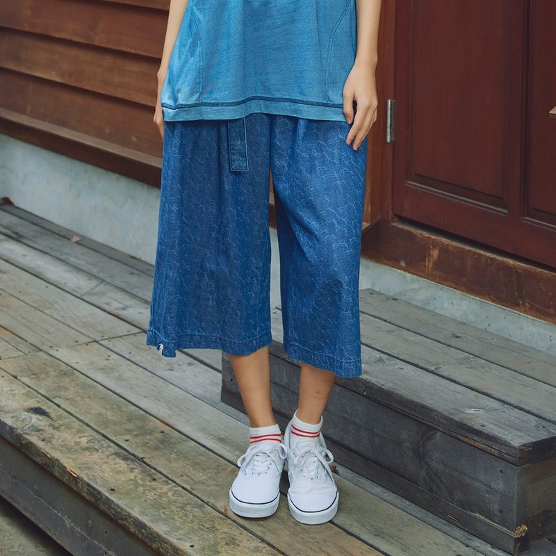 Edo Katsuki wide version water ripple wide pants-women's style (wash blue) #pants#wide pants - กางเกงขายาว - ผ้าฝ้าย/ผ้าลินิน สีน้ำเงิน