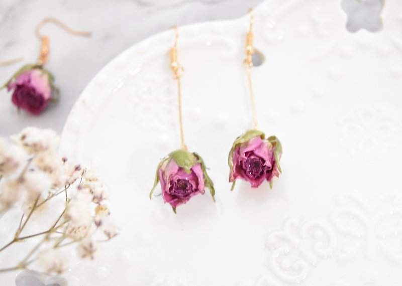 Dry rose earrings, dry flowers, no withered flowers, exchange gifts, birthday gifts, gift ear clips - ต่างหู - พืช/ดอกไม้ 
