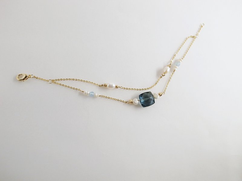 [Bracelet] London Blue Aquamarine Double Strand Pearl Bracelet Birthstone Valentine’s Day Gift - Bracelets - Pearl Gold