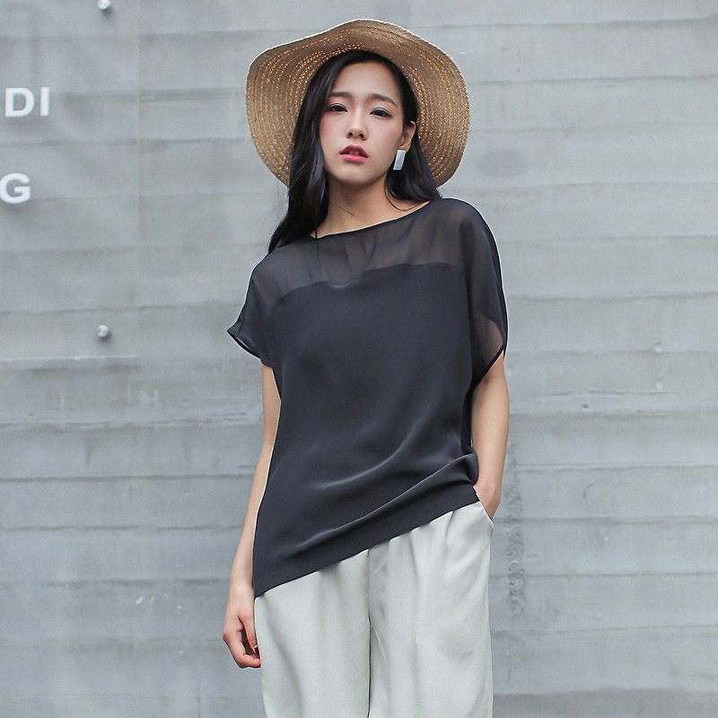 Annie Chen fox original design made by thin section 2016 summer new female temperament sexy high-grade silk short-sleeved shirt - เสื้อผู้หญิง - ผ้าไหม สีดำ