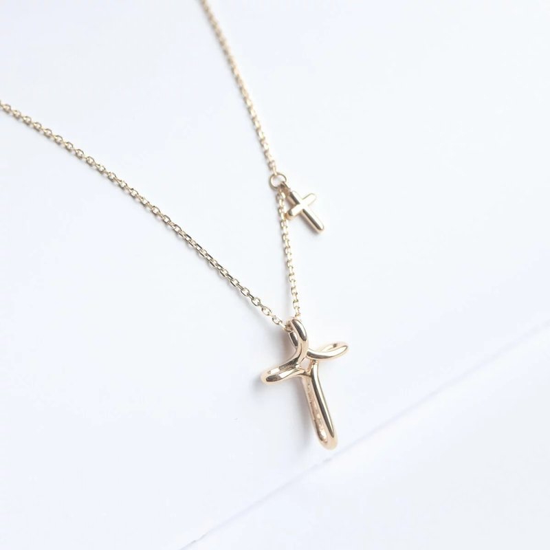 14K Hand Painted Cross Necklace 手繪線條十字架項鍊 - 項鍊 - 貴金屬 金色
