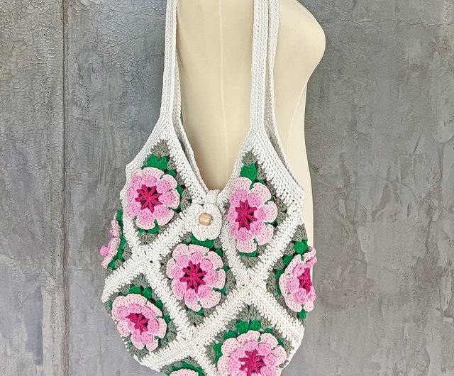 ハンドメイド グラニーバッグ No 36 花柄刺繍＋茶色かすり模様