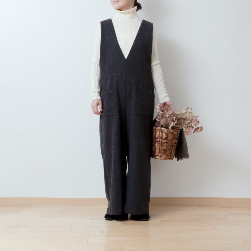 Winter cache-coeur wide pants - wool herringbone/charcoal - จัมพ์สูท - ขนแกะ สีเทา