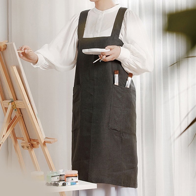 Japanese Frost Mountain Japanese-style back-hung cross-style apron with double pockets (extended version/length 89cm) - multiple colors available - ผ้ากันเปื้อน - ลินิน สีเทา