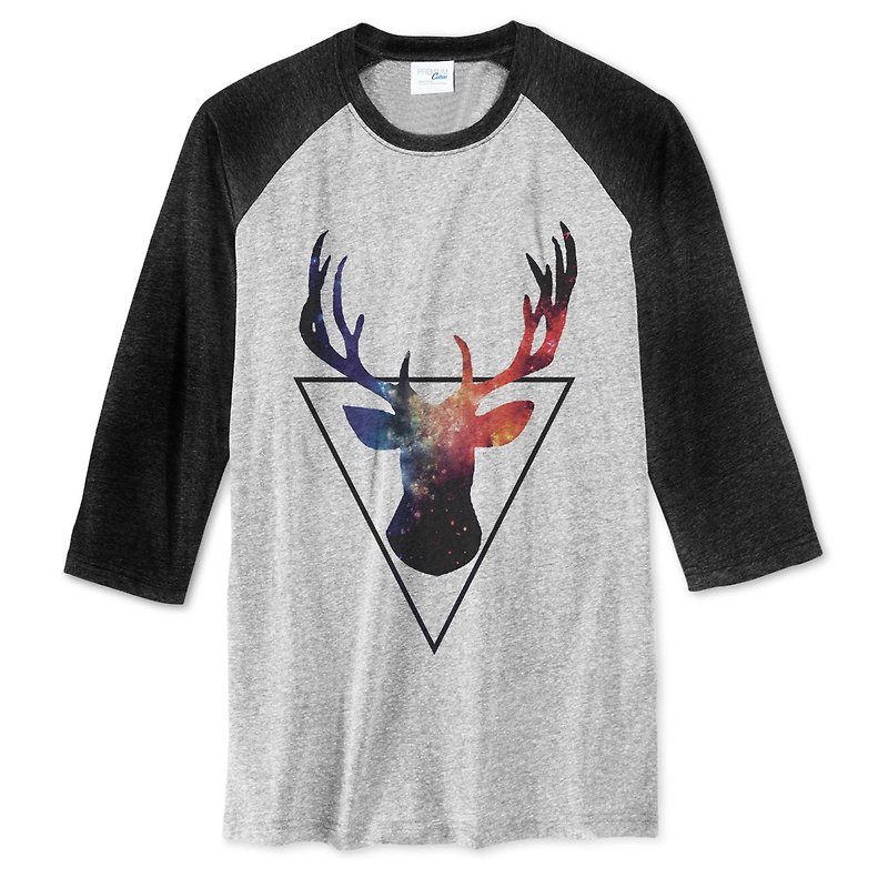 Triangle Deer[Spot] Neutral Seven-point Sleeve T-shirt 2 Color Triangle Deer Beard Animal Galaxy Space Wenqing Art - เสื้อยืดผู้ชาย - ผ้าฝ้าย/ผ้าลินิน หลากหลายสี