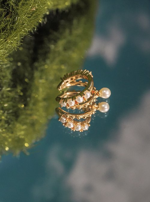 LOVE BY THE MOON 淡水珍珠 鋯石 雙面 金/銀 純銀 耳夾耳環