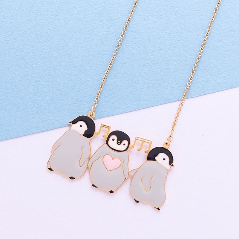Happy dancing penguin hand made necklace - Necklaces - Other Metals Gray