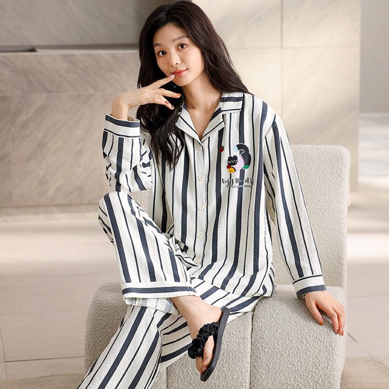 Pink Lady 雲感棉排扣式 貓語條紋 秋冬長袖成套睡衣 居家服 - 睡衣/居家服 - 其他人造纖維 黑色
