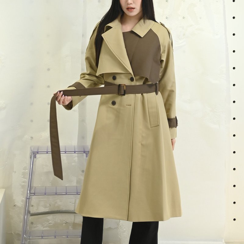 拼色排扣-挺面加厚長版風衣外套-卡其色 - 女大衣/外套 - 聚酯纖維 卡其色