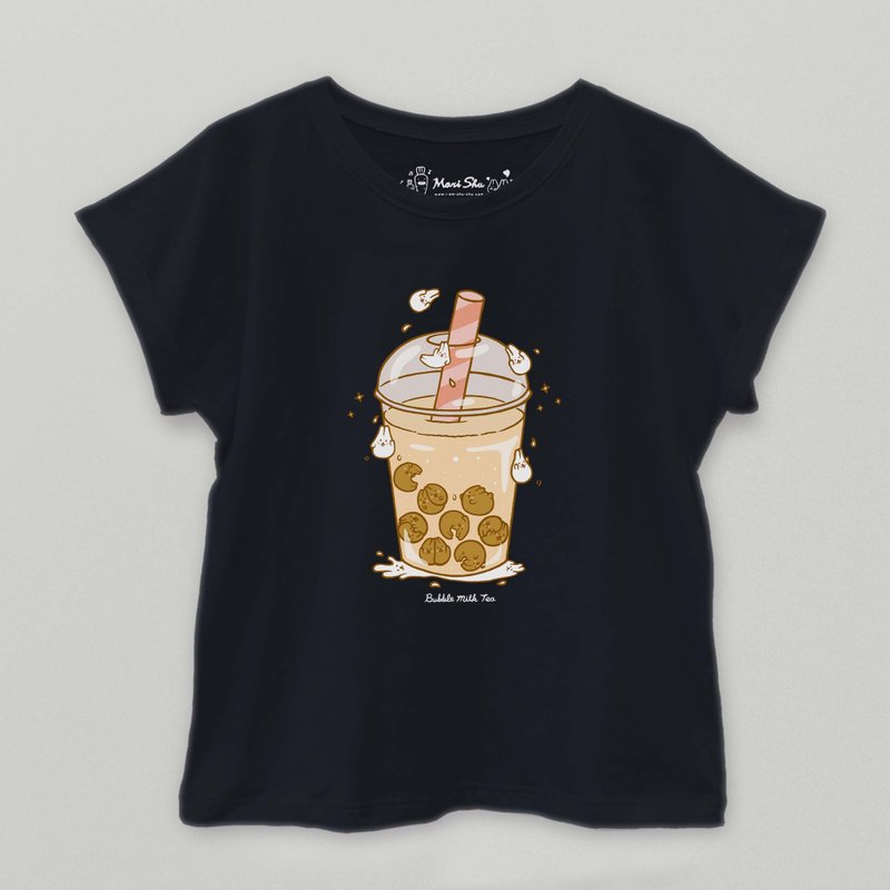 麻糬兔珍奶T-shirt-黑色 - 女上衣/長袖上衣 - 棉．麻 黑色
