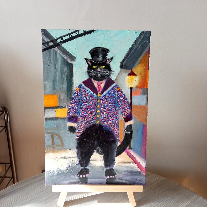Black cat in a top hat Animal oil painting Funny cat art Strict boss - 壁貼/牆壁裝飾 - 其他材質 