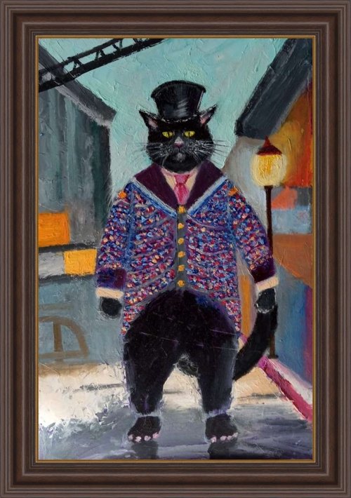 シルクハットをかぶった黒猫 動物油絵 面白い猫アート 厳しい