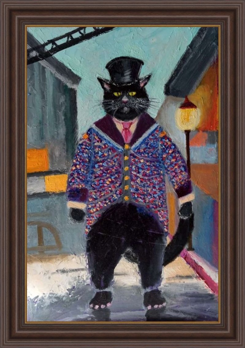 Black cat in a top hat Animal oil painting Funny cat art Strict boss - 壁貼/牆壁裝飾 - 其他材質 
