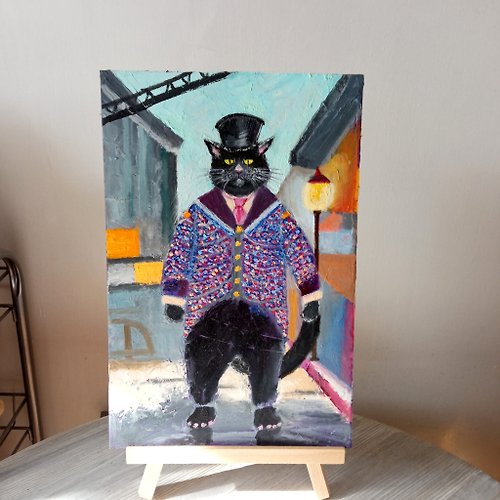 tanycollection Black cat in a top hat Animal oil painting Funny cat art Strict boss