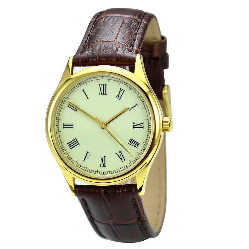 反時計回りの時計ローマ数字ゴールドケースレトロニュートラルデザイン世界中に送料無料 - 腕時計 ユニセックス - ステンレススチール ゴールド
