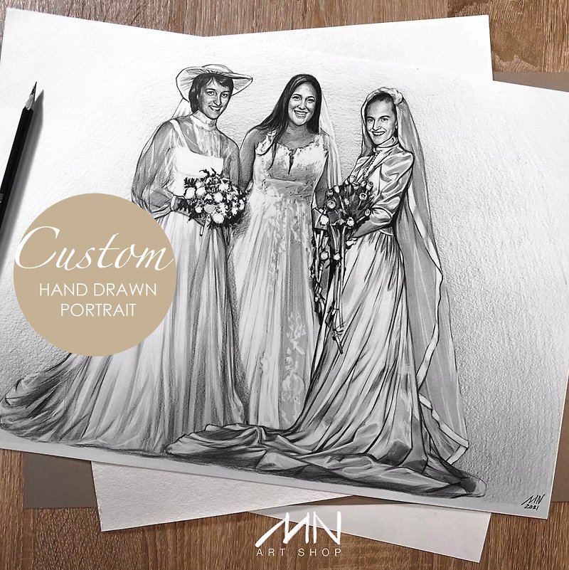 Personalised custom hand drawn generational wedding portrait from photo on paper - Wedding Invitations - Paper White