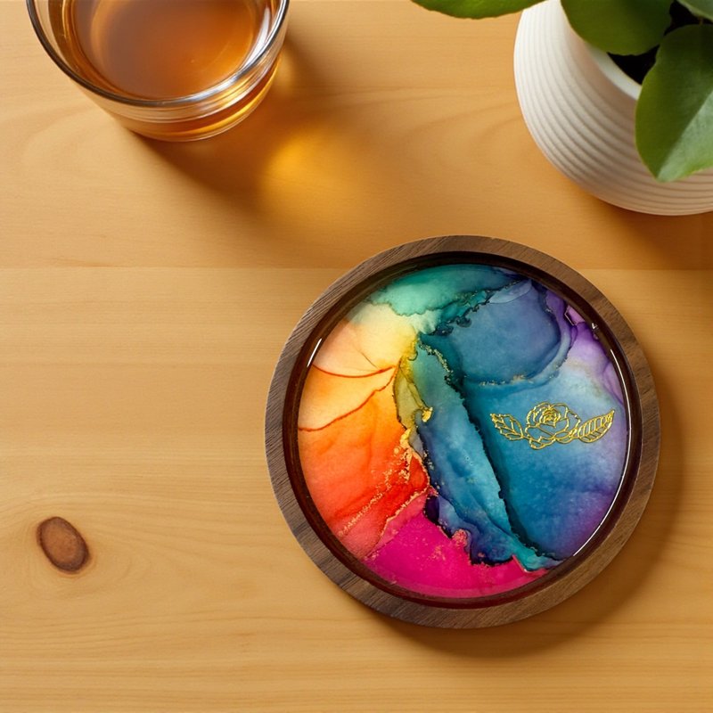 酒精墨水藝術胡桃木杯墊 - 杯墊 - 其他材質 多色