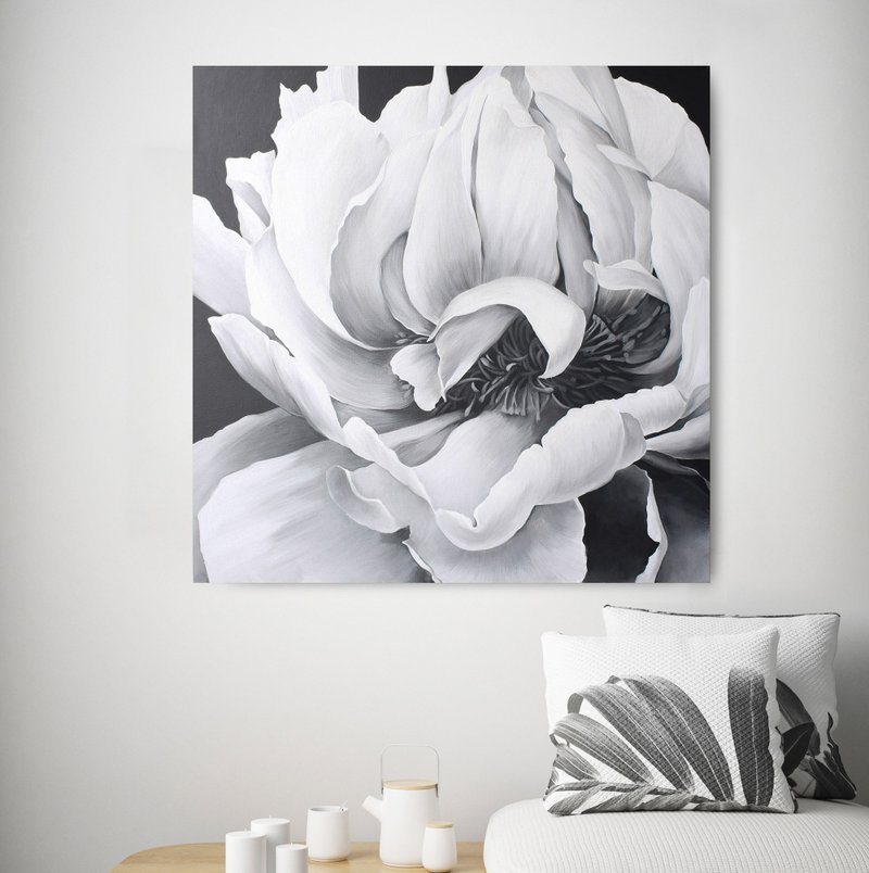 Large White Peony on Canvas | Black and White Oil Paintings | White Peony - 壁貼/牆壁裝飾 - 棉．麻 白色