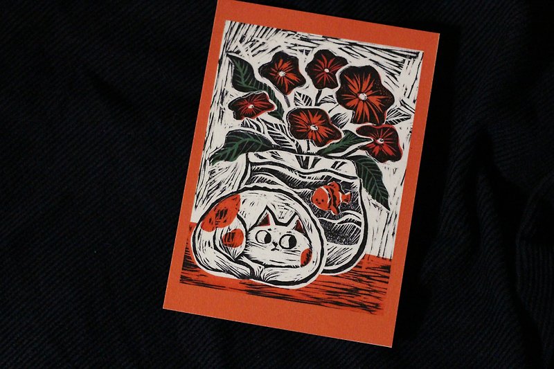 Printed postcard with cat and fish illustration - การ์ด/โปสการ์ด - กระดาษ สีส้ม